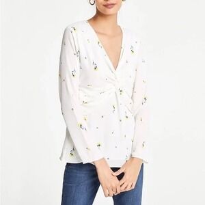 Ann Taylor White Floral Twist Front V Neck Long Sleeve Blouse Top Plus Size 16